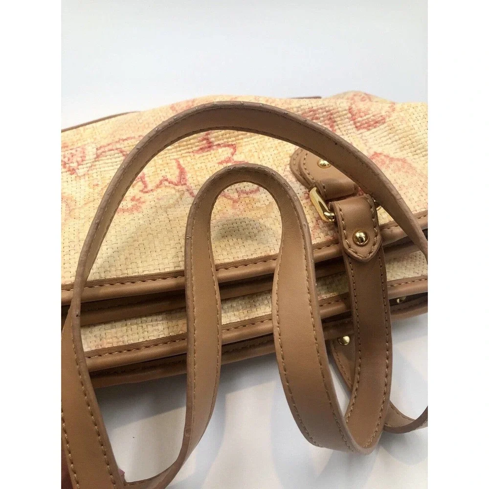 Etienne Aigner Floral Straw Hand Bag Cream Coral Camel Compartment Spring - Picture 2 of 13
